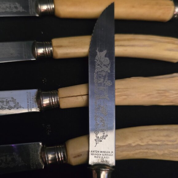 Anton Wingen Jr Solingen Germany Rostfrei Stag Handle Steak Knife Set of 5 - Picture 3 of 4